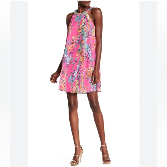 Betsey Johnson Dresses & Skirts - Betsey Johnson Floral Halter Mini Dress Pink Chiffon Garden Resort Glam Size 8